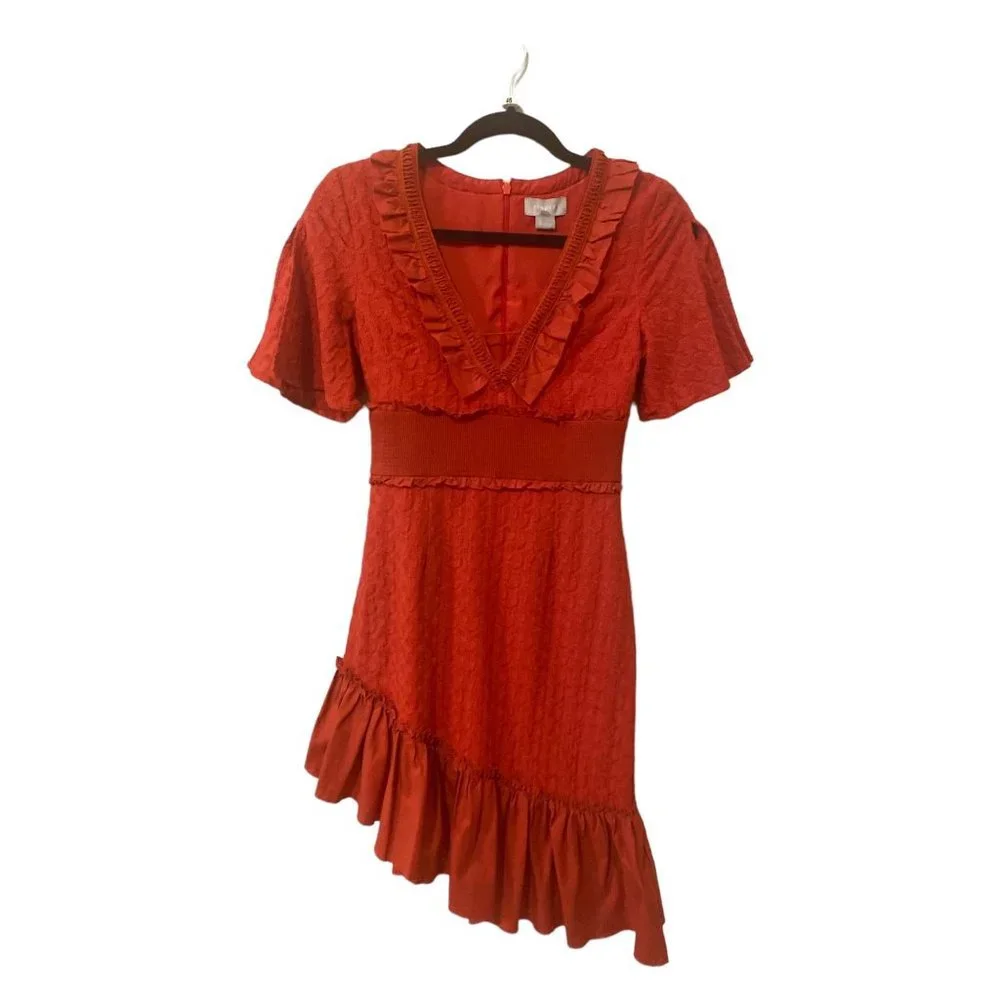 FINDERS KEEPERS Red Memento Ruffle Midi Dress with V Neck, size Small - Picture 2 of 11